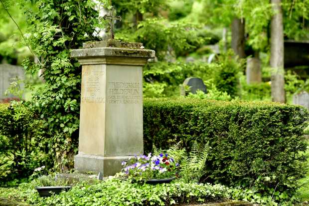 Hölderlins Grabstein neben grünen Büschen und Bäumen. Oben auf dem Grabstein ist ein Kreuz.