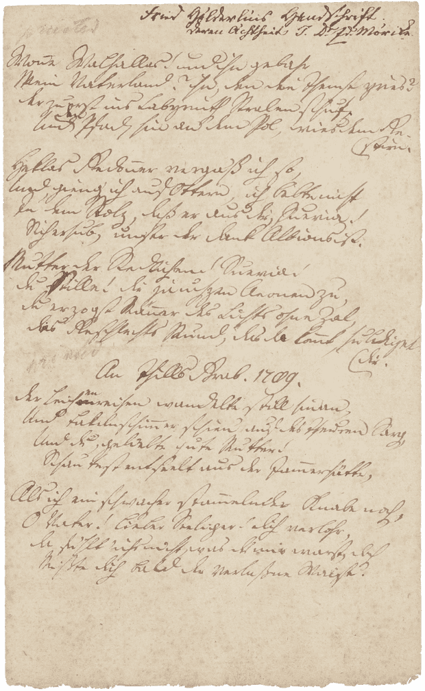 Ein handbeschriebenes altes Papier mit den letzten 3 Strophen von Hölderlins Gedicht ›Keppler.‹ und dem Anfang seines Gedichts ›An Thills Grab.‹.