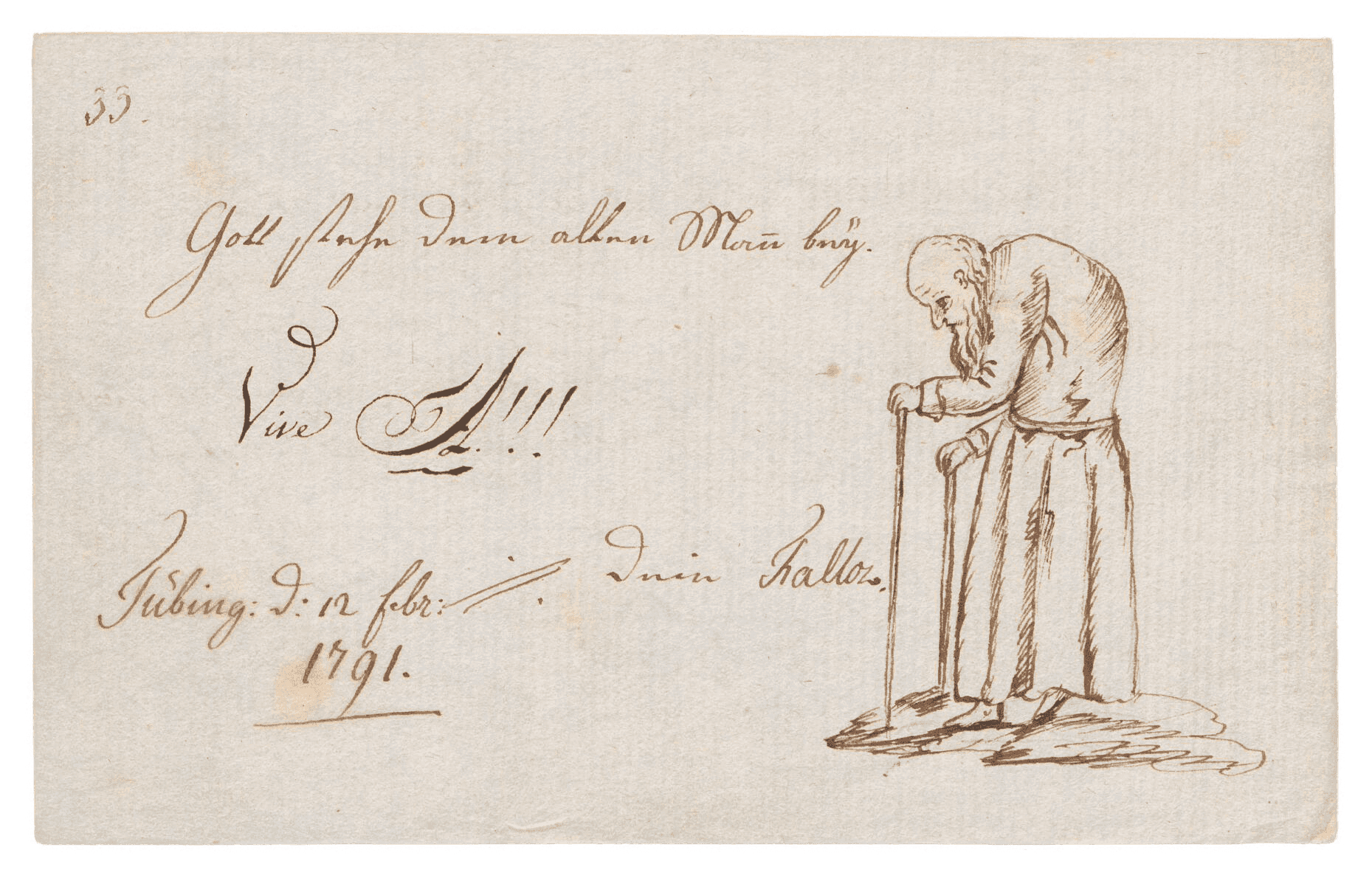 Stammbucheintrag in Zierschrift mit einer Karikatur die Hegel als buckligen Alten mit Gehstöcken und Mönchskutte zeigt