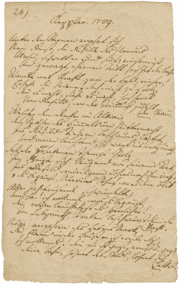 Ein handbeschriebenes altes Papier mit den ersten 6 Strophen von Hölderlins Gedicht ›Keppler.‹.