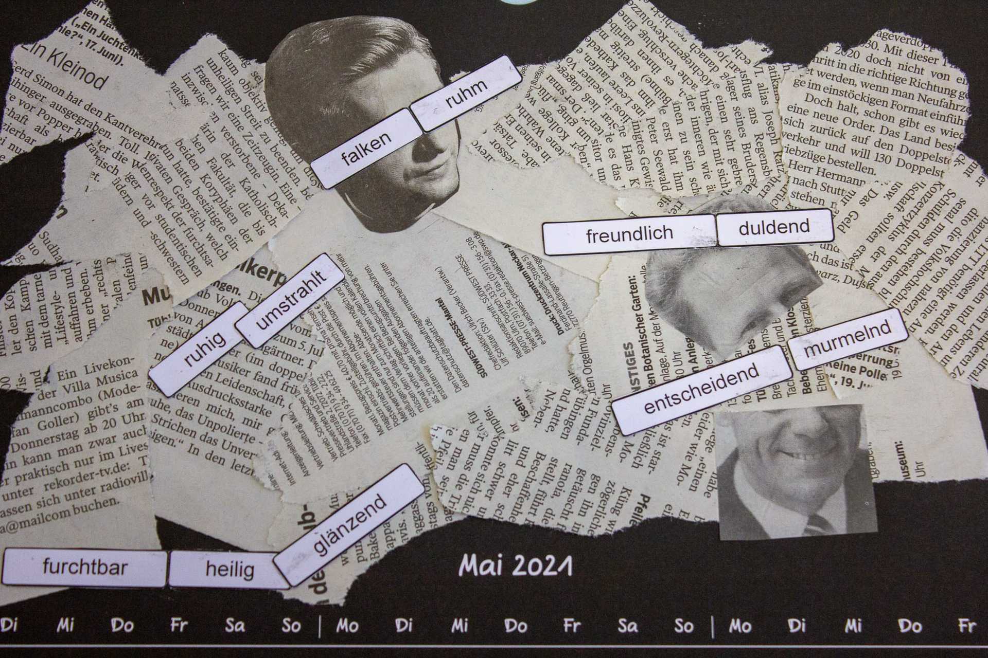 Kalenderblatt für den Monat Mai mit einer Collage aus Zeitungsausschnitten und Wortschnipseln