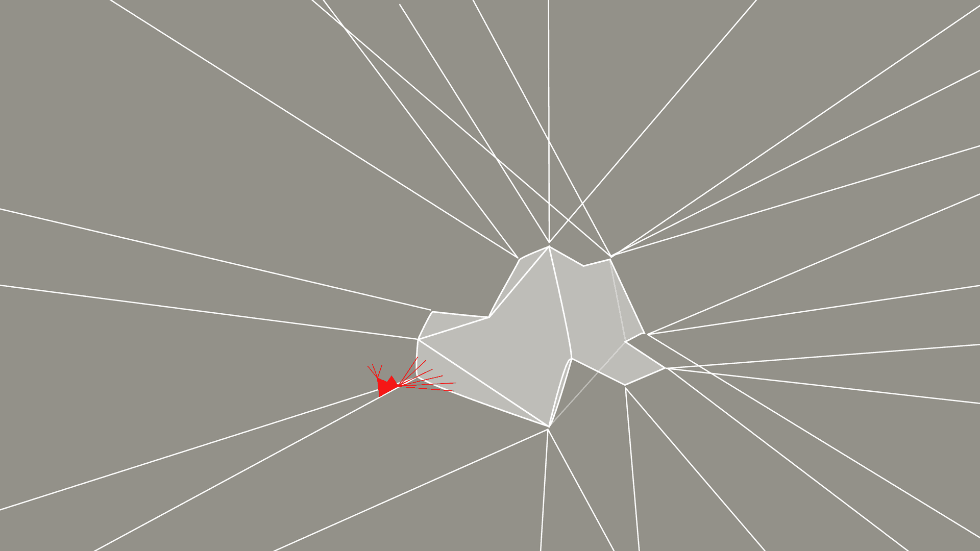 In der Mitte des Bildes befindet sich eine geometrische Fläche mit weißer Kontur, hellgrauer Füllung und einer weiteren kleinen, roten Form links daneben. Die Kanten der Form werden zum Bildrand durch weiße Linien verlängert. Der Hintergrund ist grau.