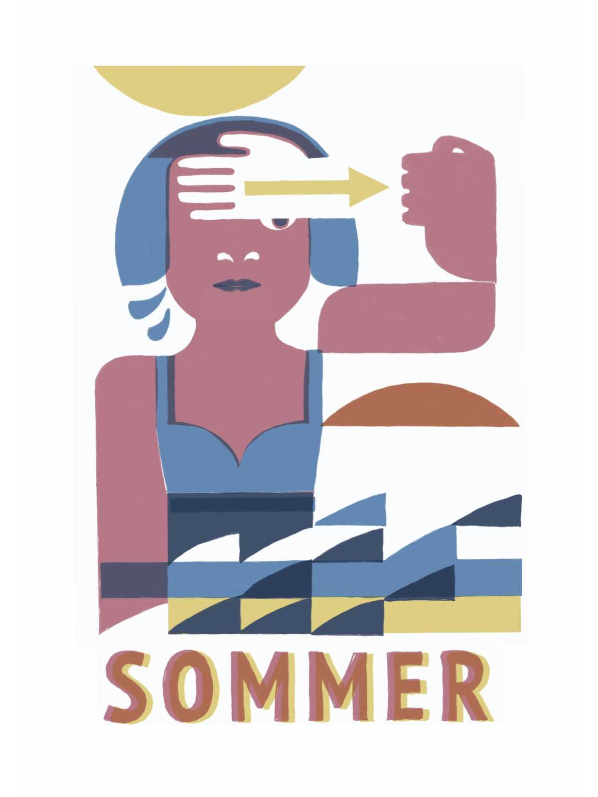 Eine Illustration von einer Frau zeigt die Gebärde für Sommer: Sie wischt sich mit der Hand den Schweiß von der Stirn.