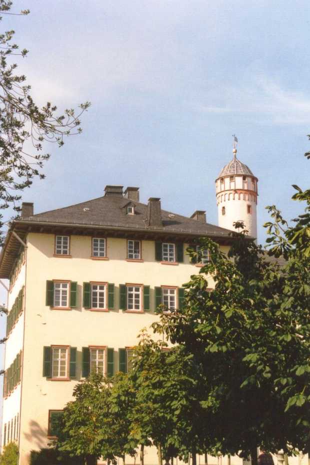 Ein hellgelbes Gebäude mit grünen Fensterläden. Dahinter: Ein Aussichtsturm vom Homburger Schloss.