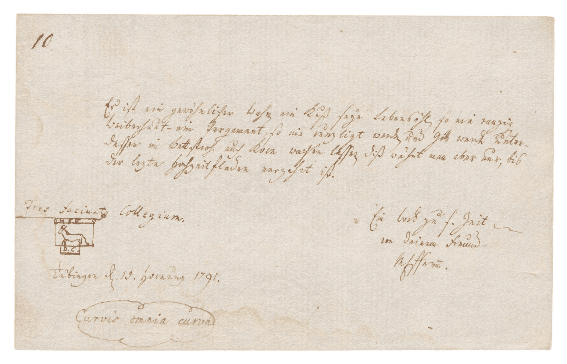 Handschriftlicher Eintrag aus Hegels Stammbuch mit einem gezeichneten Wirtshausschild