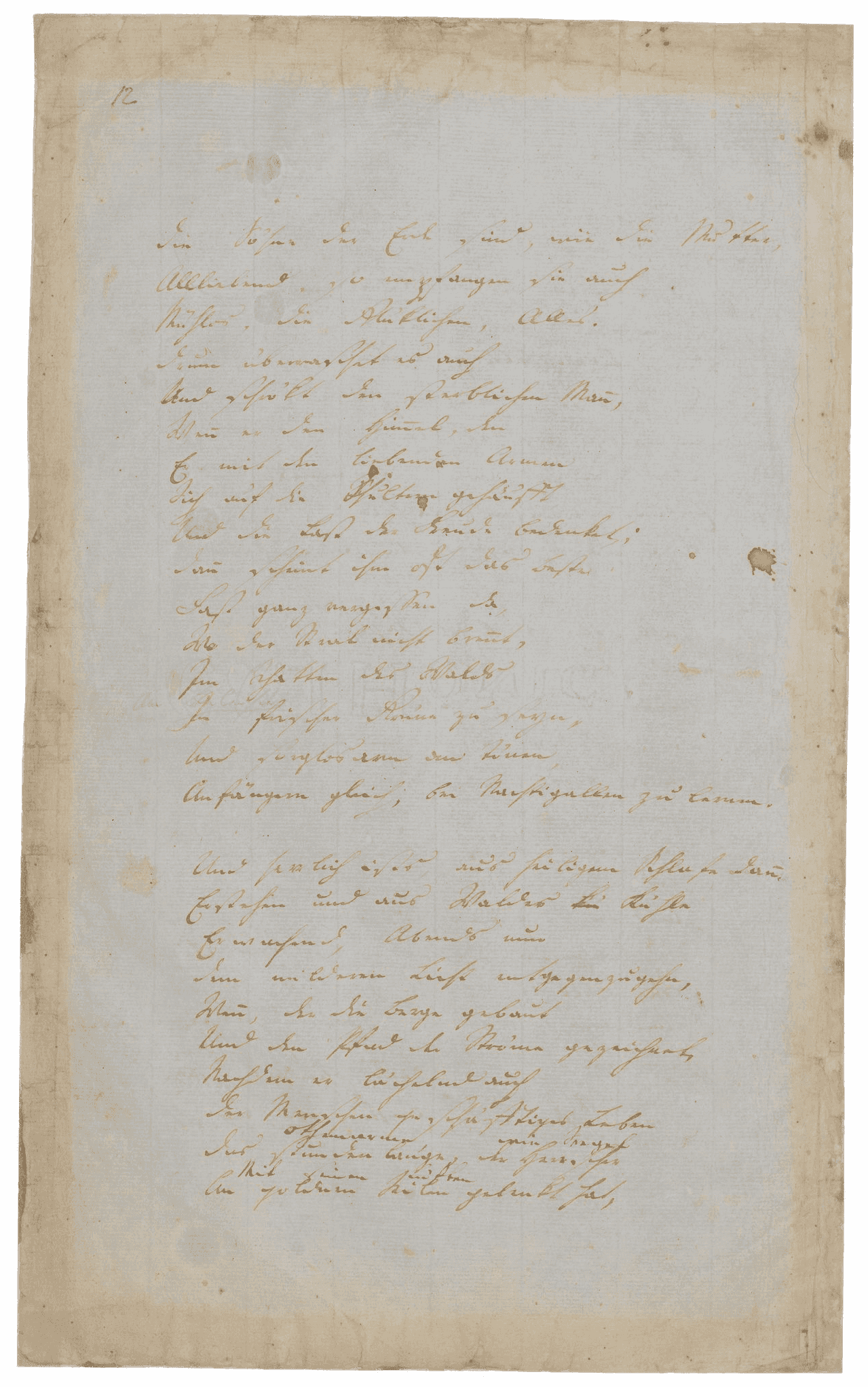 Das Manuskript zeigt zwei lange Strophen der Rhein-Hymne in Hölderlins zarter Handschrift