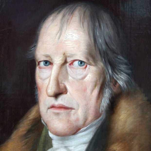 Ein Ölgemälde zeigt Georg Wilhelm Friedrich Hegel. Er hat Tränensäcke unter den Augen und sieht grimmig aus.