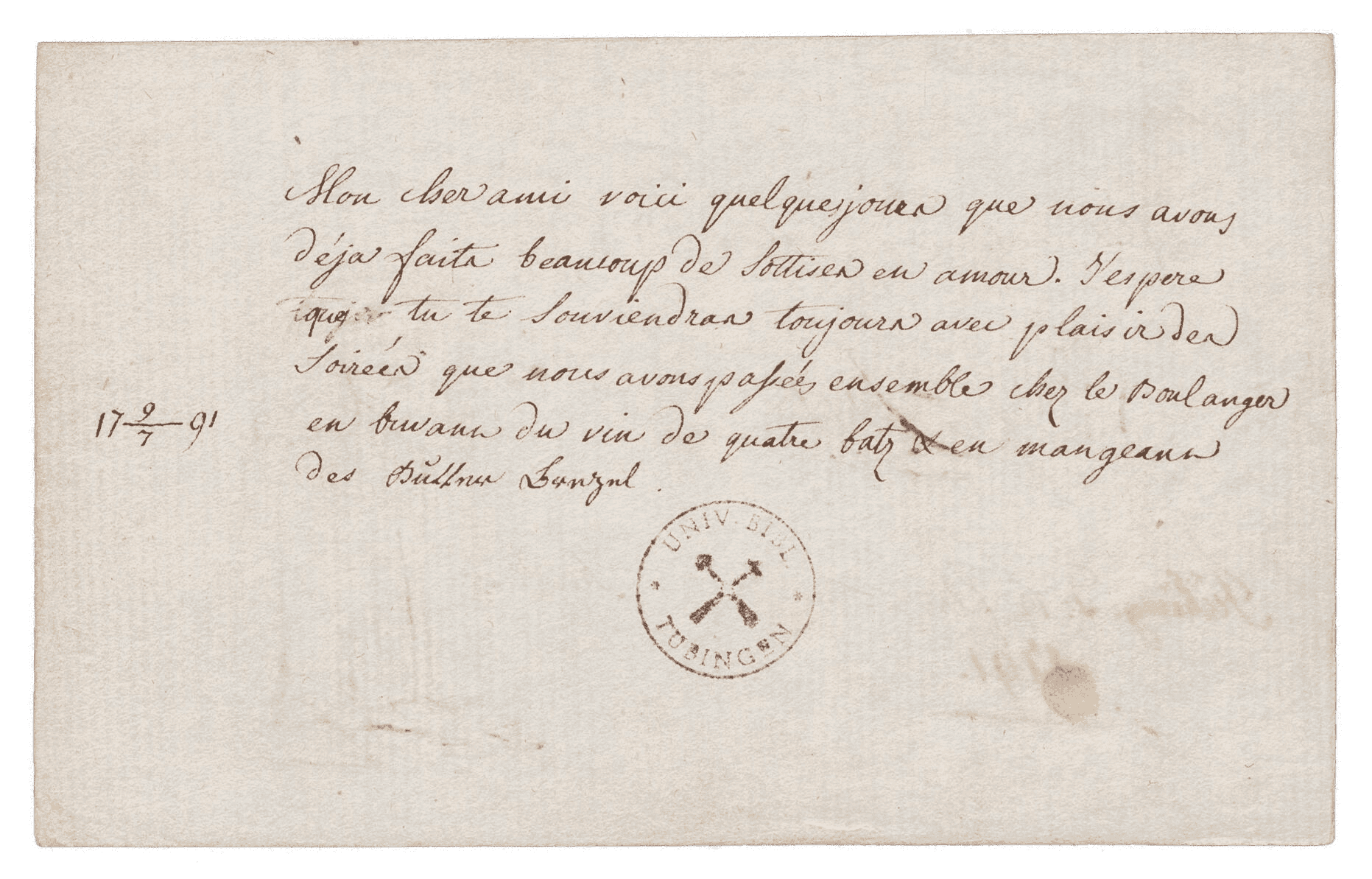 Handschriftlicher Eintrag aus Hegels Stammbuch in Französisch von Fallot