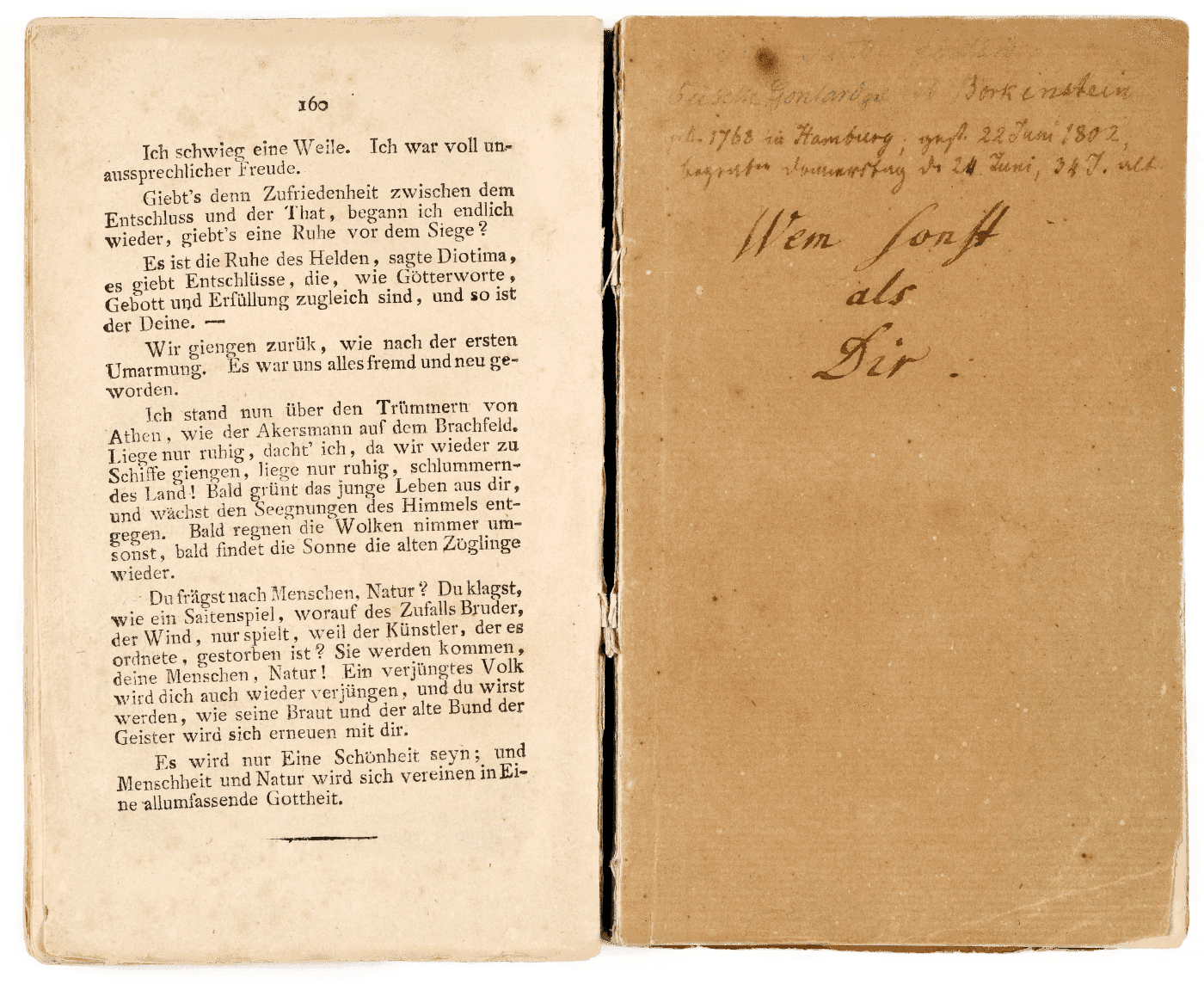 Hölderlins Buch ›Hyperion‹. Die rechte Seite zeigt eine handschriftliche Widmung von Hölderlin: »Wem sonst als dir«