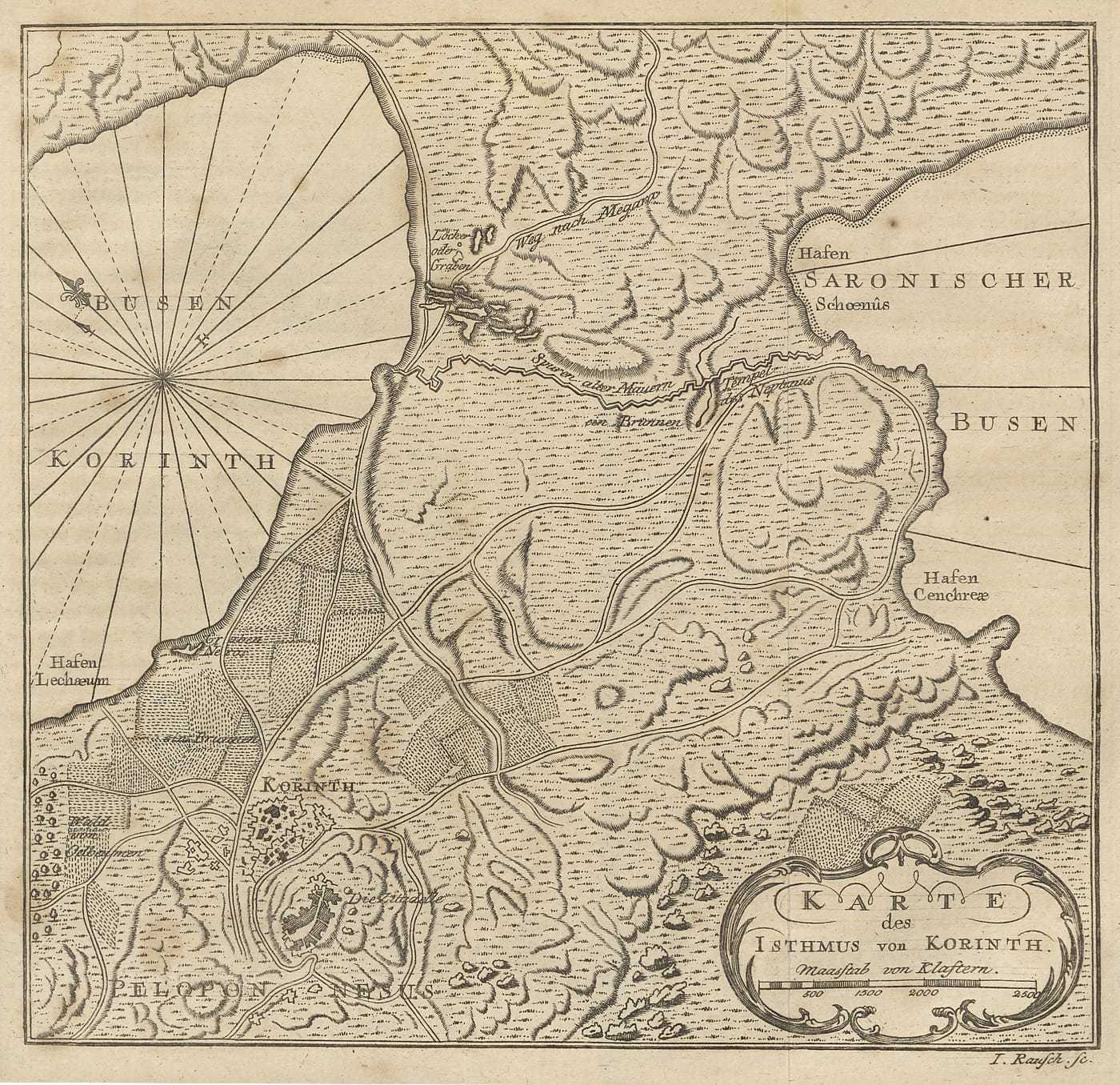 Eine alte Landkarte zeigt den Isthmus von Korinth