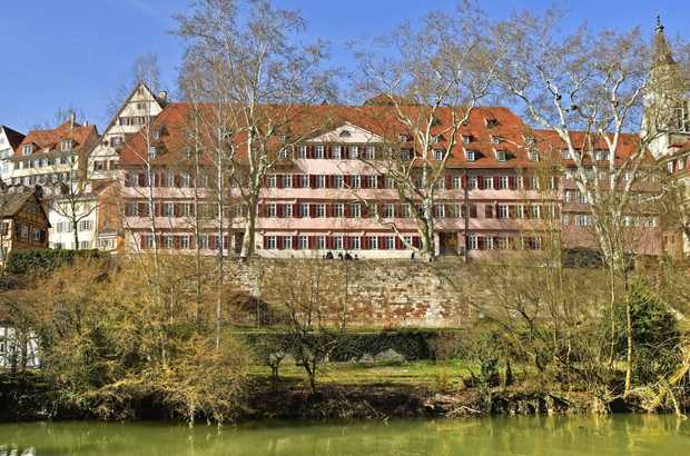 Ein großes rosafarbenes Gebäude. Davor: Der Neckar und die Stadtmauer.
